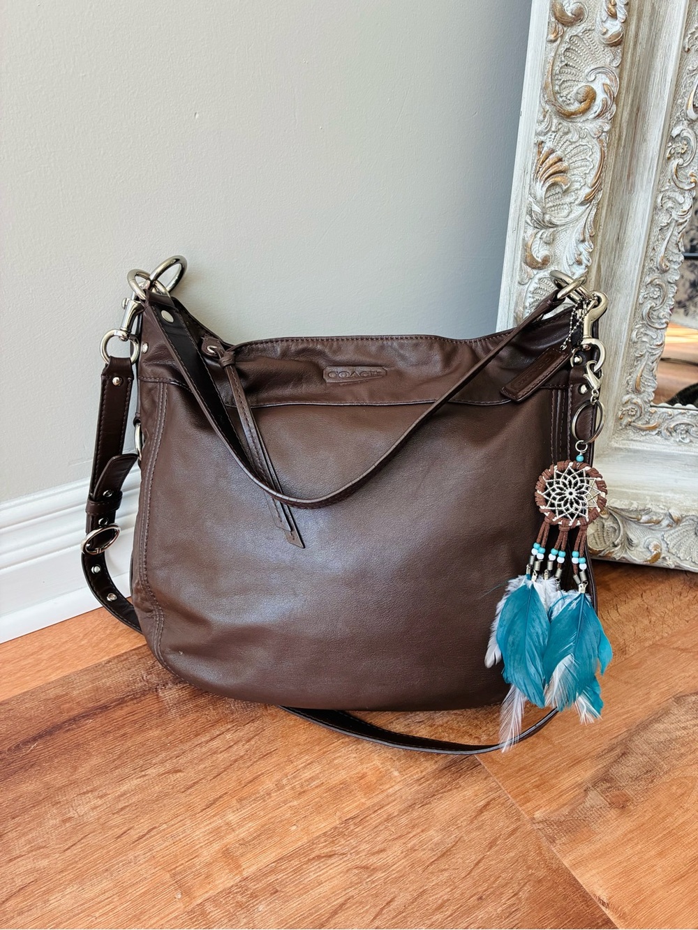 Coach Zoe Leather Shoulder Crossbody Purse, Dark Brown / Silver, 14708